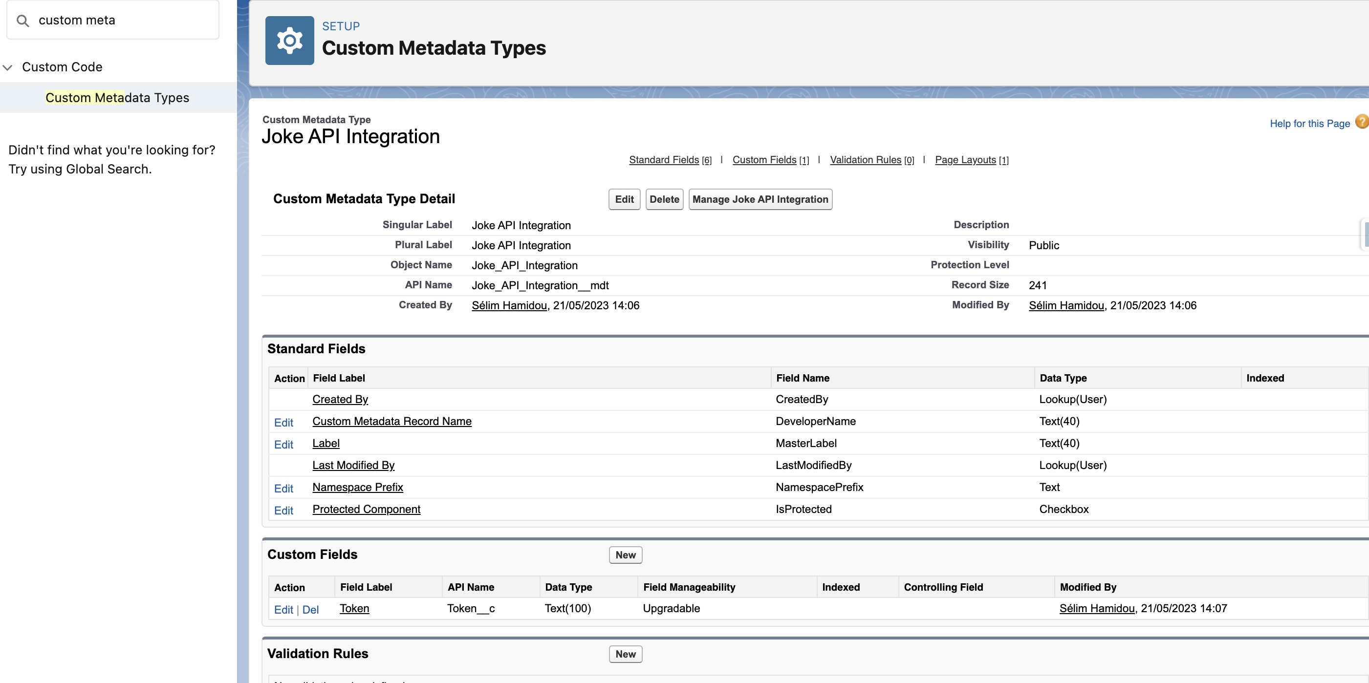Joke API Custom Metadata Type Fields