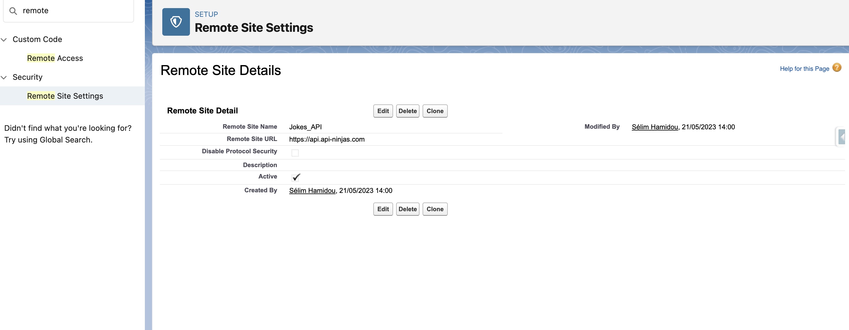 Joke API Remote Site Settings