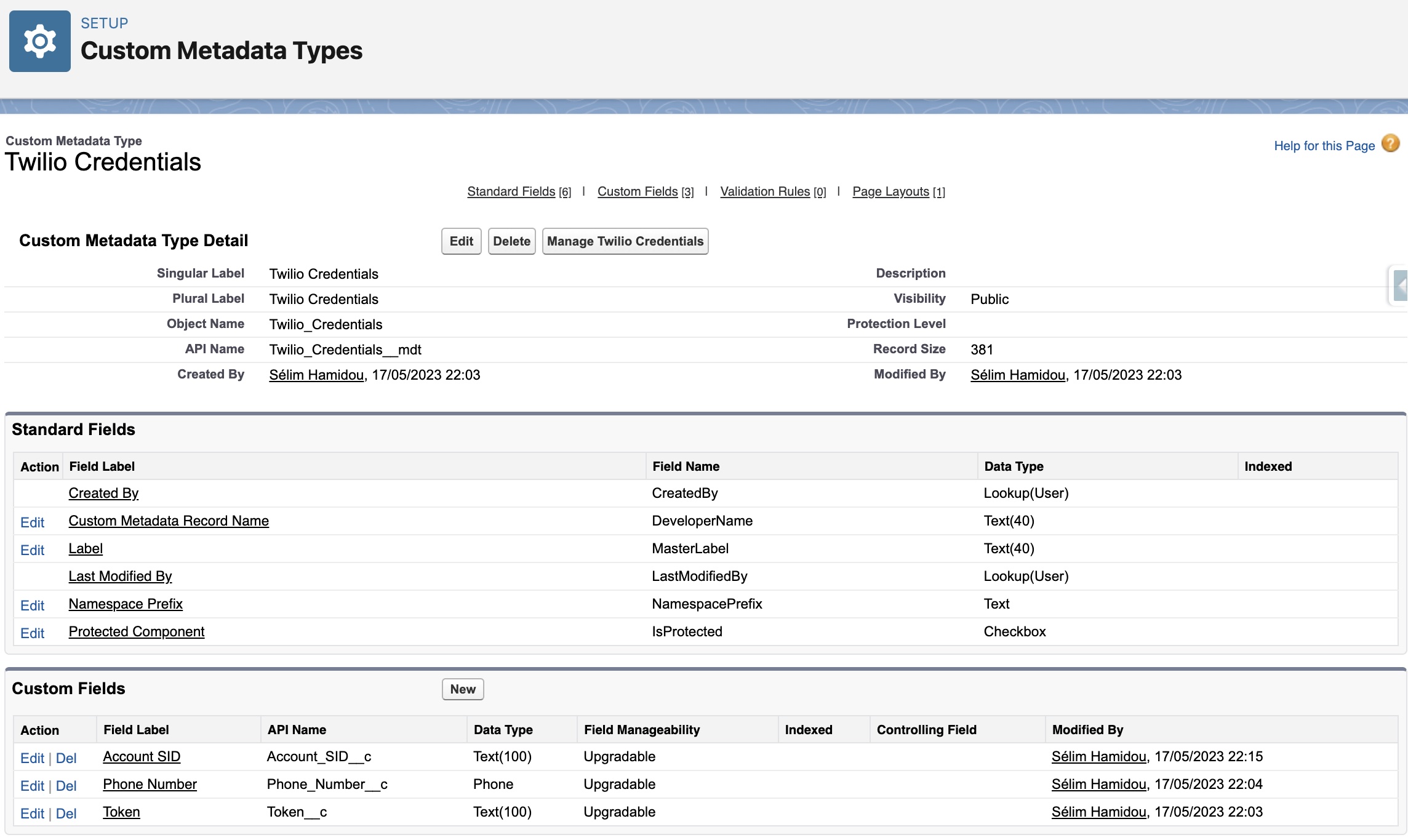 Twilio Custom Metadata Type Settings