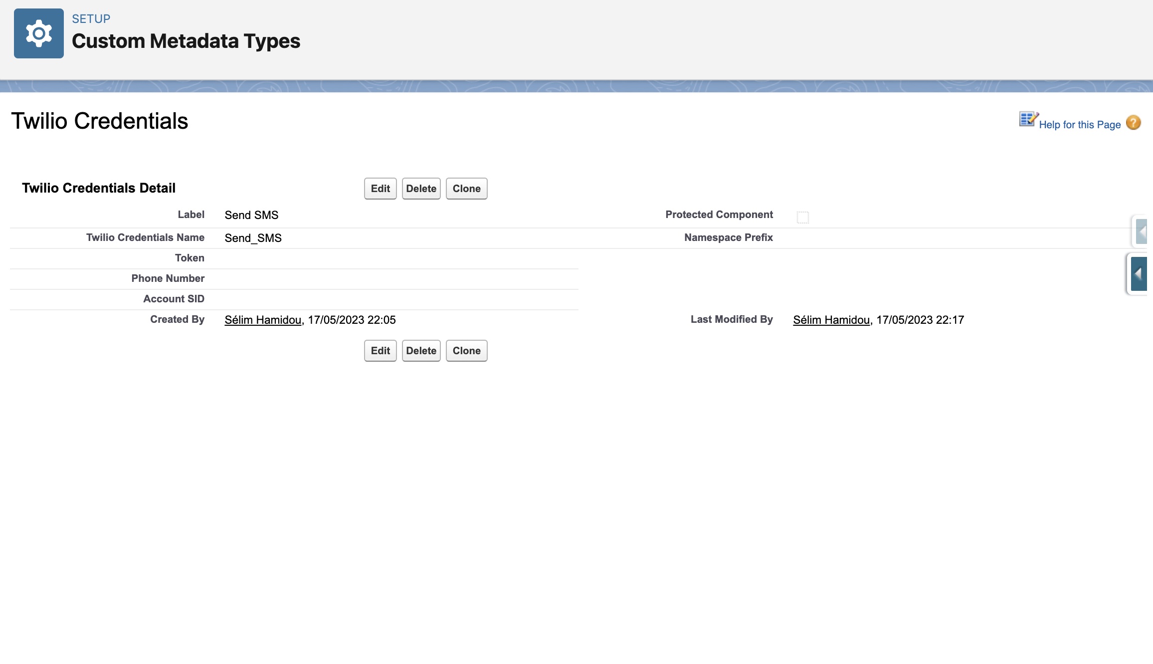 Twilio Custom Metadata Type Send SMS Record
