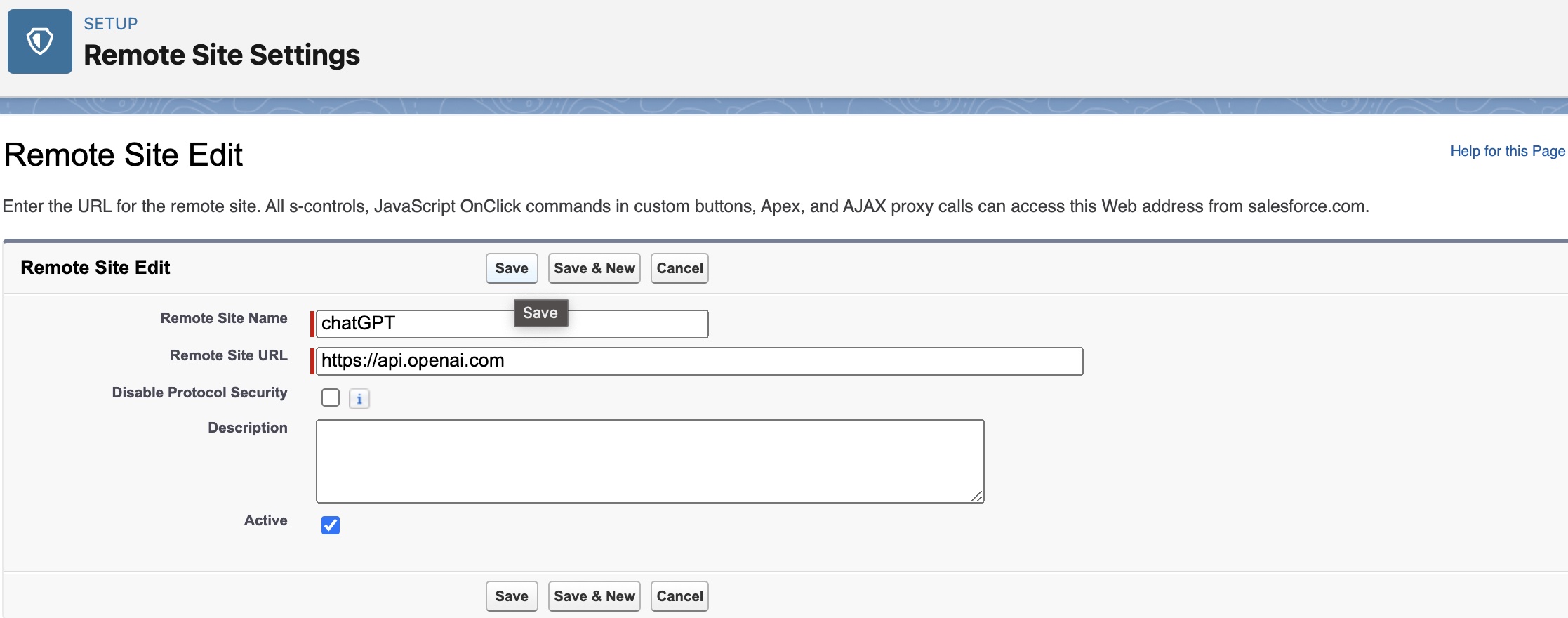 Creating a remote site setting for the endpoint