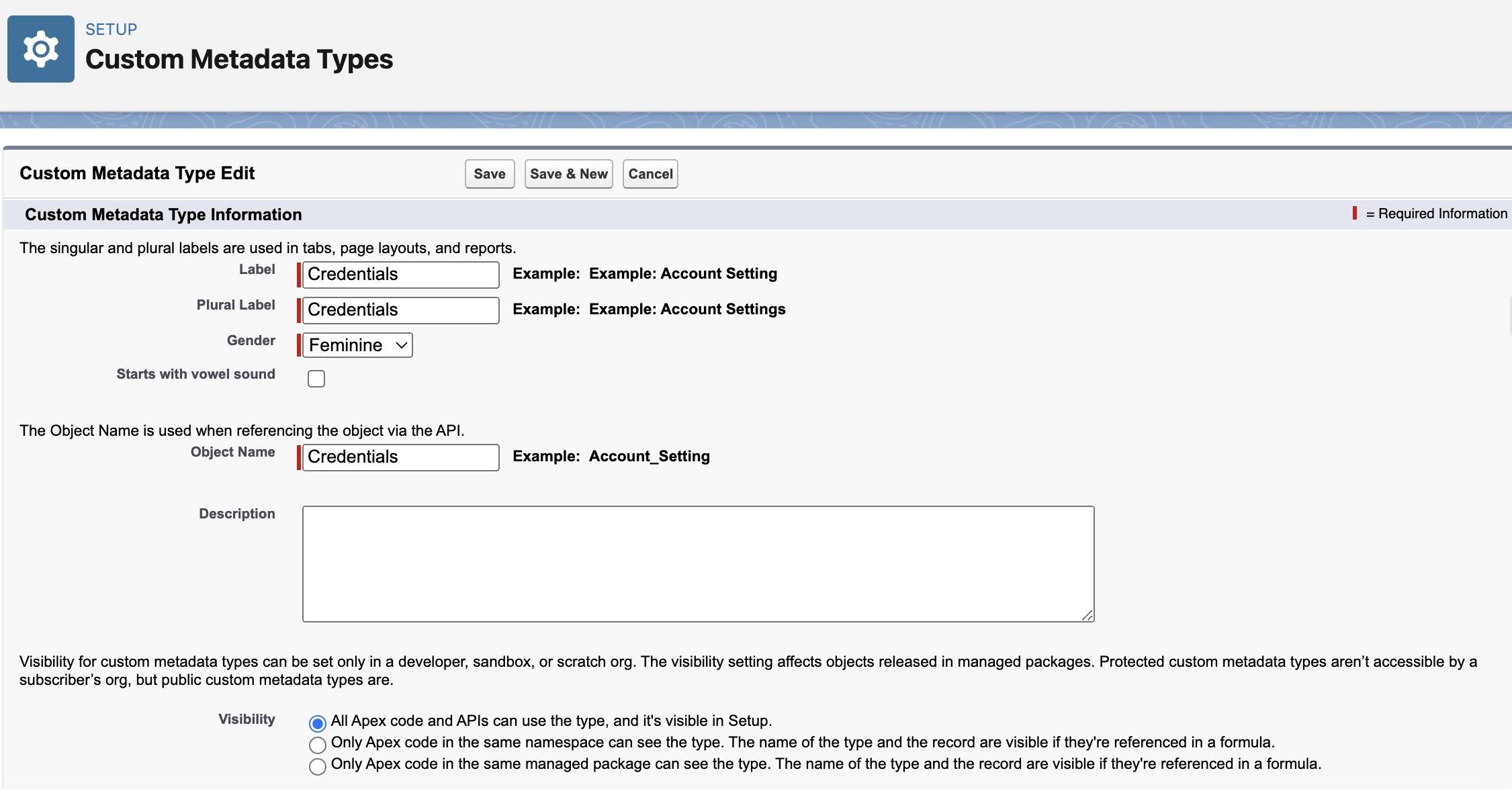 Creating Credentials Custom Metadata Type Step 1