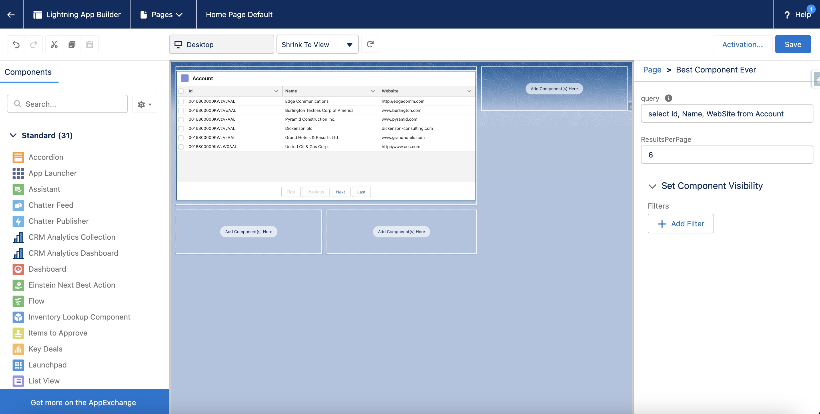 Result datatable app builder